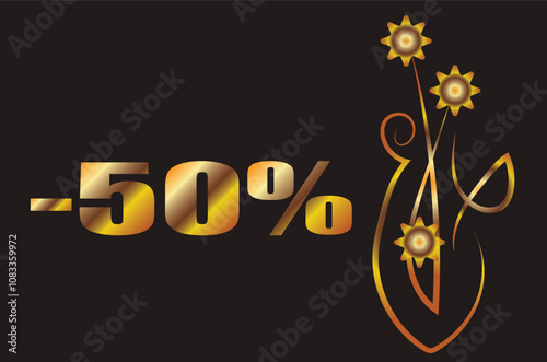 50% Fantasy bouquet with flowers in a vase. flowers. Illustration with place for inscription. Gold gradient on a black background for printing on fabric, applique and cards.