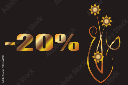 20% Fantasy bouquet with flowers in a vase. flowers. Illustration with place for inscription. Gold gradient on a black background for printing on fabric, applique and cards.