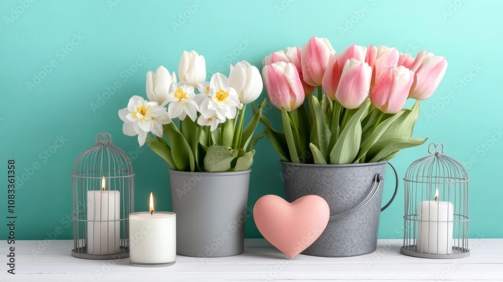 Obraz premium Fresh spring white and pink tulips and narcissus in grey bucket heart candles in decorative bird cages in ray of light on white painted wooden background against turquoise wall Selective focus