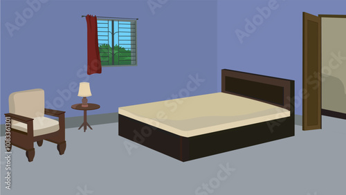 Empty apartment bedroom interior design vector illustration with purple wall,wooden bed,arm chair,door,window and a table lamp