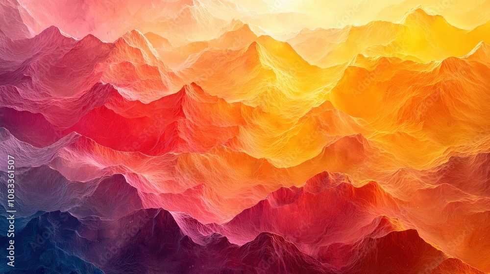 Obraz premium Colorful mountain landscape with warm hues at sunset showcasing vibrant red, orange, and yellow shades in the sky and hills