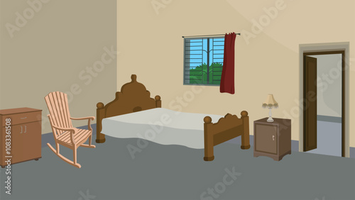 Bedroom interior design with armchair,cupboard,bed,table stand,window and a wooden door.house inside room vector illustration for cartoon animation