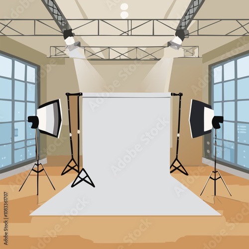 Empty photo studio with spotlights and lighting equipment. Vector illustration.