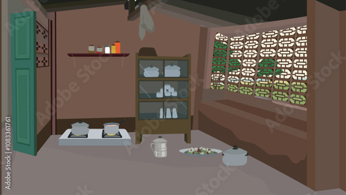 Poor farmer house kitchen indoor design.Kitchen interior design with cupboard,cookwares,and a stove