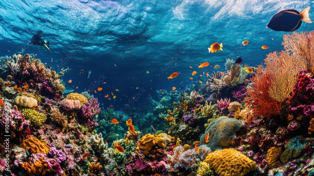 Obraz premium The vibrant colors of a coral reef in Raja Ampat teeming with marine biodiversity, Coral reef scene, Vibrant style
