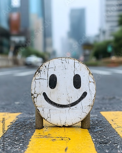 Cheerful smiley face sign on an urban street photo