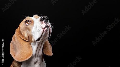 Portrait of Pitiful Basset Hound Dog Looking up on Isolated black background front view photo