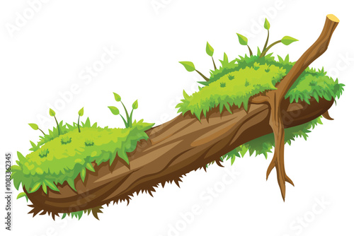 Fresh Green Moss on Rotten Branch with Dirt, Side View, Isolated on White Background.