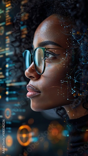 Young adult female cybersecurity expert. With AI code illusminated overlay around her. Working in a data center. Female Computer Engineer. Generate AI.