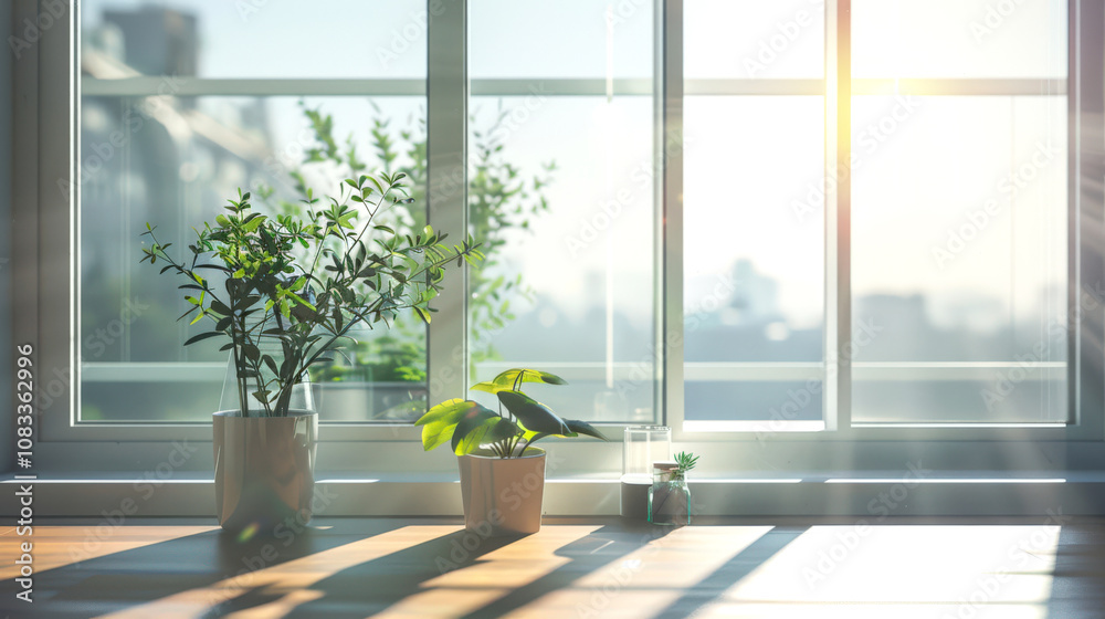Fototapeta premium Bright warm sunlight hits the window with a view of the morning city. There are potted plants on the table. A cozy room. Good morning