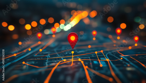 A red pinpoint glowing on the map of roads with multiple other pins. The location is highlighted by yellow lines and orange dots along it. In the background, a blurred city street at night