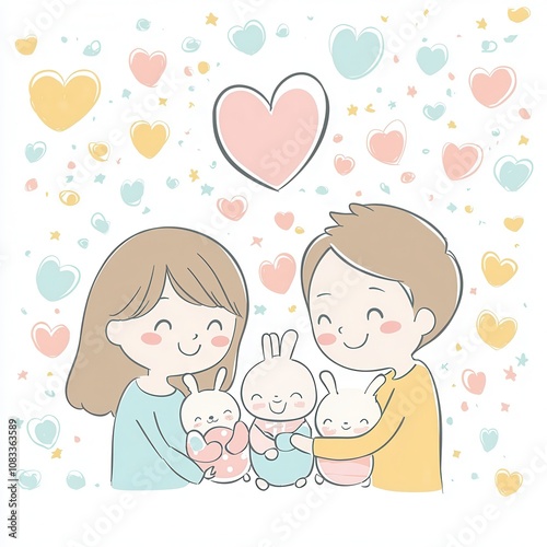 A joyful family moment featuring a couple happily holding their cute bunnies, surrounded by colorful hearts and a warm atmosphere. photo