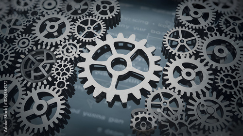 Large interconnected network of gears symbolizing corporate competition, with one oversized gear dominating the scene, representing antitrust concerns. Central gear with copy space for text.