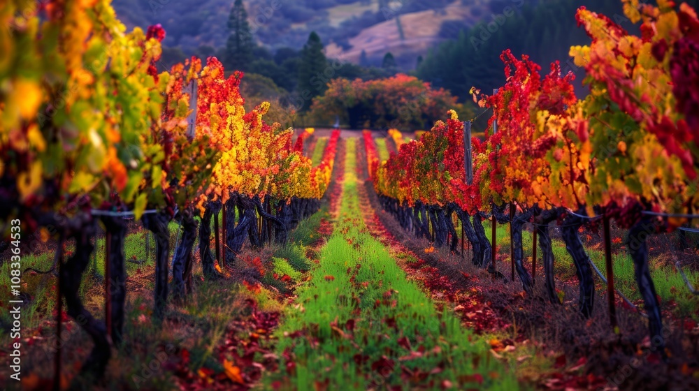 Fototapeta premium Vibrant Autumn Colors in Vineyard Rows