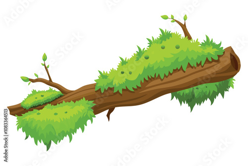 Fresh Green Moss on Rotten Branch with Dirt, Side View, Isolated on White Background.