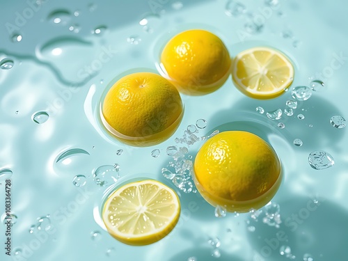 Lemons Floating in Refreshing Aqua Water with Sunlight and Bubbles. AI Generated