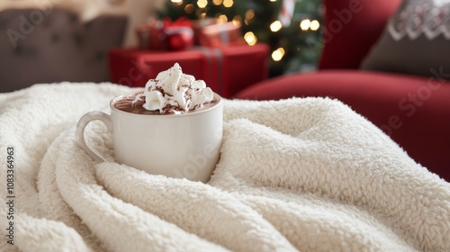 Warm Blanket and Hot Chocolate for Cozy Christmas Comfort photo