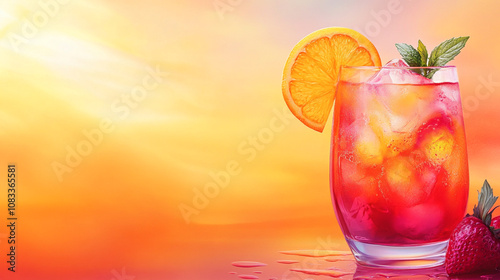 Refreshing summer drink with orange and strawberry at sunset by the beach