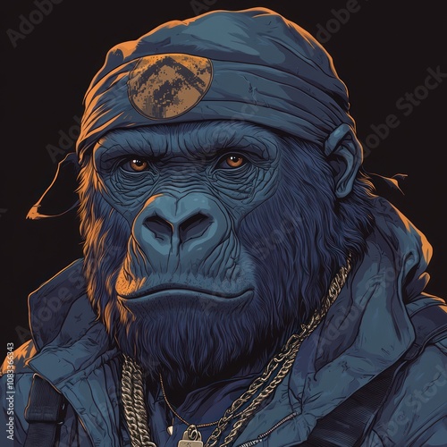 A close-up portrait of a gorilla wearing a bandana and gold chains. photo