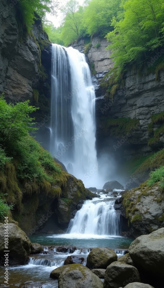 Fototapeta premium Beautiful waterfall cascading down rocky cliffs surrounded by lush greenery