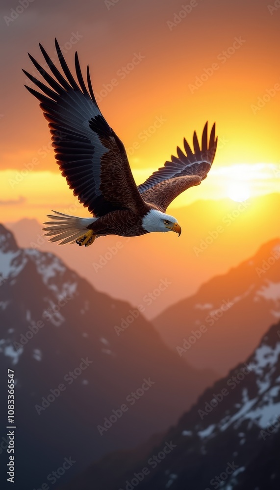 Obraz premium Majestic eagle soaring over mountains with a golden sunrise in the background