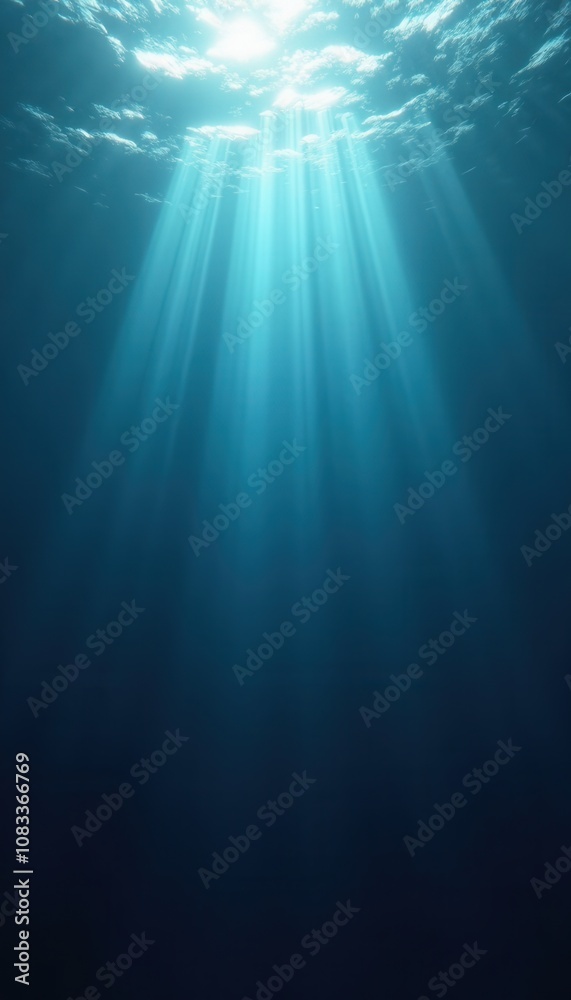 Obraz premium Mysterious deep blue ocean with light beams penetrating through the water surface
