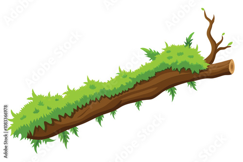 Fresh Green Moss on Rotten Branch with Dirt, Side View, Isolated on White Background.