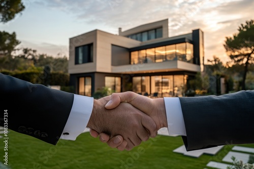 Business professionals shaking hands in front of a modern luxury home, symbolizing successful partnership and real estate investment in a serene environment during sunset. photo