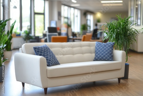 A bright and inviting lounge area showcases a white sofa adorned with blue cushions. Lush green plants add a refreshing touch to the modern workspace, filled with natural light and contemporary furnis photo