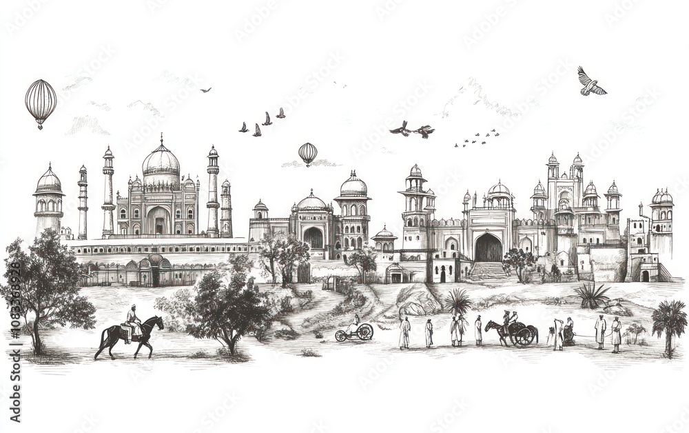 Fototapeta premium Hand-drawn sketch of historical Indian palace complex with people and birds