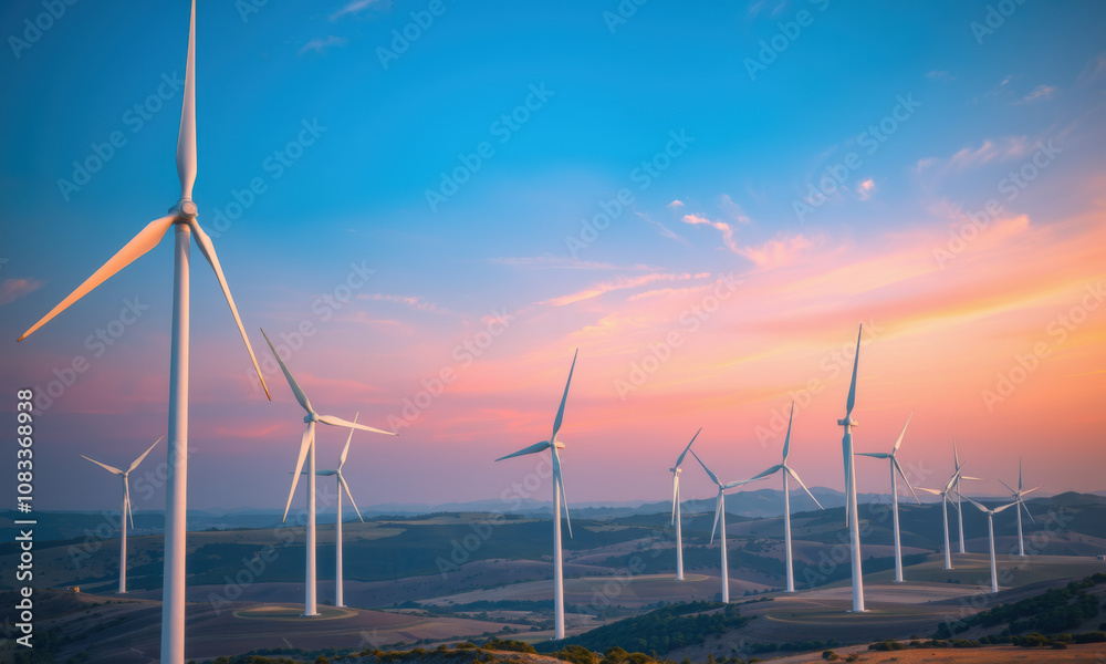 Fototapeta premium stunning view of wind farm at sunset, showcasing numerous wind turbines against colorful sky. landscape is serene and emphasizes renewable energy