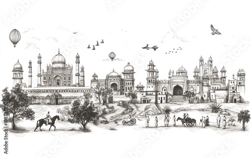 Hand-drawn sketch of historical Indian palace complex with people and birds