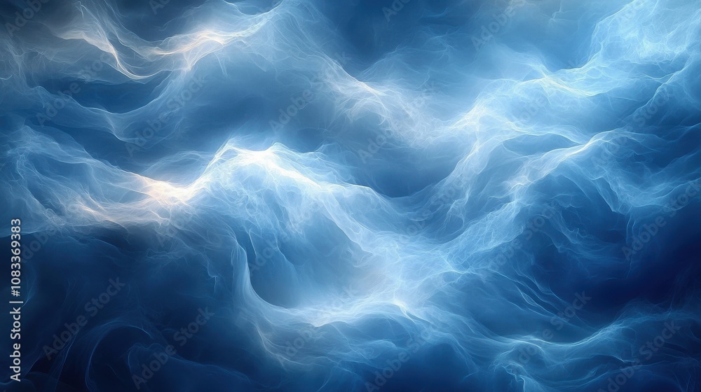 Obraz premium Captivating blue abstract waves with ethereal light effects create a dreamy atmosphere in a serene landscape