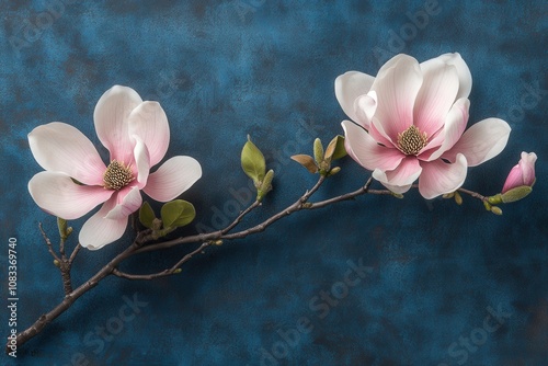 Magnolia flowers bloom gracefully on a branch with vibrant green leaves.