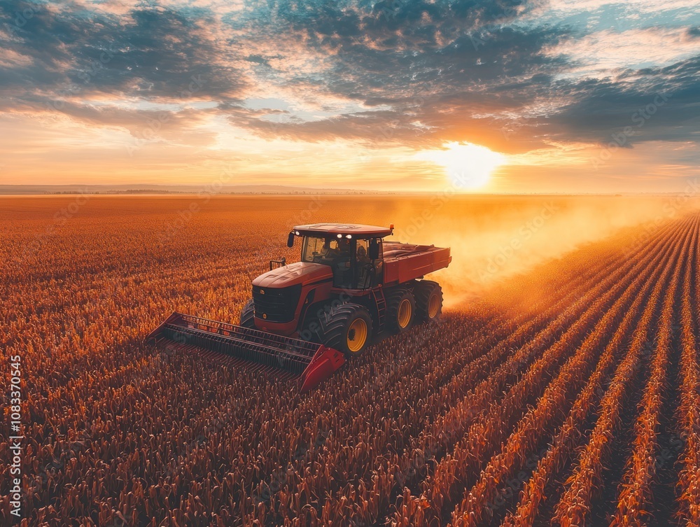Fototapeta premium Red tractor working in a field at sunset.