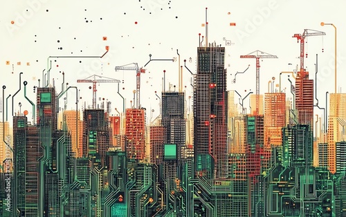 Circuit boardinspired cityscape with buildings, cranes, and dynamic data flows, symbolizing the integration of smart technologies into urban development photo