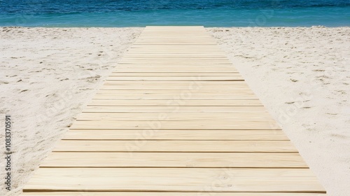 Natural uncolored wooden walkway goes over sandy beach background texture photo