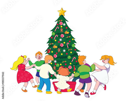 a drawing of children playing around a christmas tree with a star on it