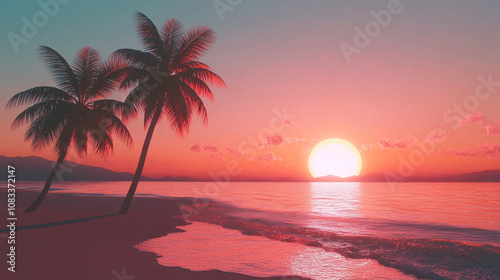 Breathtaking sunset over tropical beach with palm trees reflecting on calm ocean waves