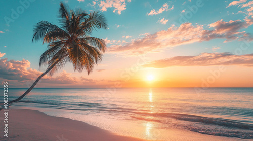 Beautiful sunset over calm ocean with a palm tree on the beach at twilight