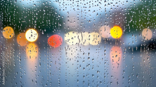 City view through a window on a rainy nightRain drops on window with road light bokeh City life in night in rainy season abstract background Focus on drops on glass photo