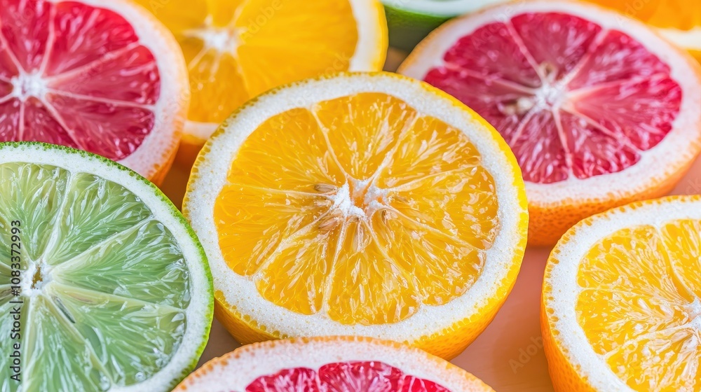 Fototapeta premium Fresh citrus fruit display vibrant colors food photography studio setting top-down view healthy eating concept