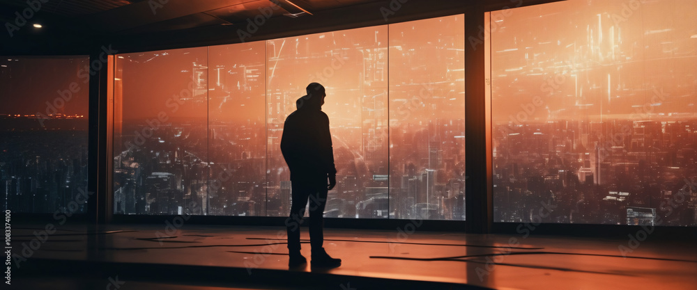 Fototapeta premium Silhouette of a Man Gazing at the Cityscape: A solitary figure stands silhouetted against a vast cityscape, bathed in the warm glow of a vibrant sunset. The image evokes a sense of contemplation.
