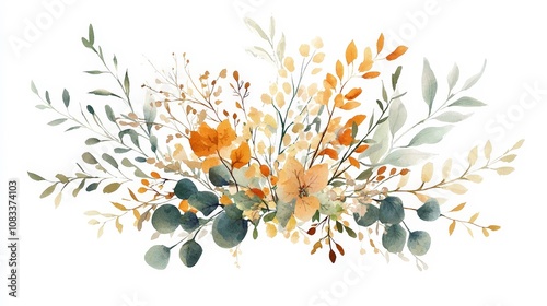 Watercolor Autumn Floral Bouquet with Green Eucalyptus Leaves and Orange Flowers - Isolated on White Background