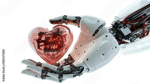 AI robot handing over a hologram heart. Representing romance, love and technology