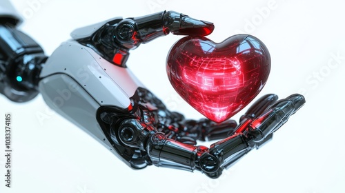 AI robot handing over a hologram heart. Representing romance, love and technology