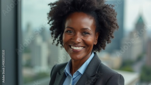 A confident businesswoman with curly hair is smiling brightly in a contemporary office setting. The large windows reveal a bustling city landscape, highlighting a vibrant urban atmosphere during the d photo