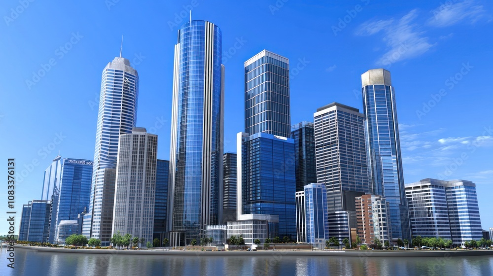 Obraz premium Modern skyscrapers reflecting in water under a clear blue sky.