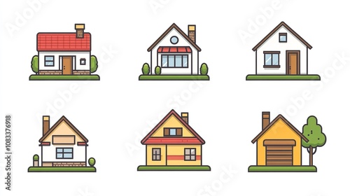 A charming illustration of a house surrounded by bushes and a cloud, perfect for coloring activities or design projects.