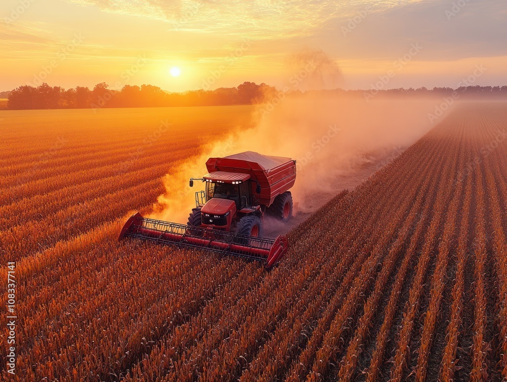 Fototapeta premium Tractor harvesting corn at sunset.